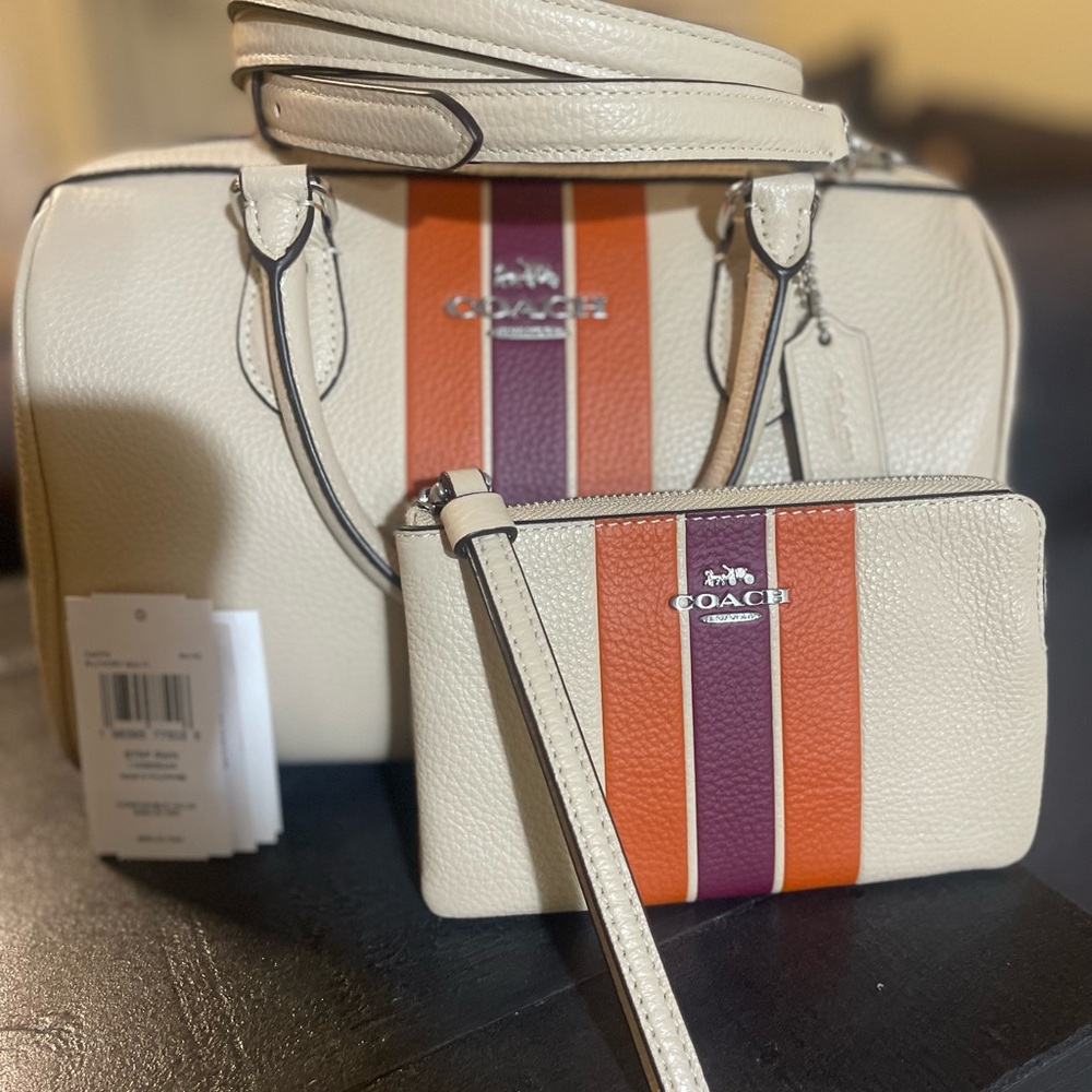 Coach Rowan Satchel Bag With Stripe & Zip Wristlet - NWT detached